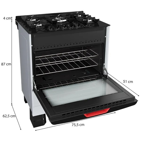 Fogão Mueller 5 bocas Branco com Mesa de Vidro e grades de ferro fundido