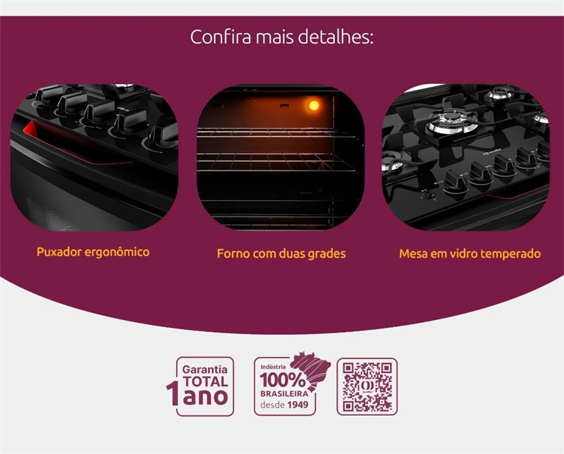 Fogão Mueller 5 bocas Branco com Mesa de Vidro e grades de ferro fundido