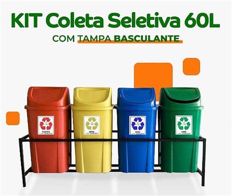 Conjunto Coleta Seletiva 60L Kit 4 Lixeiras com suporte