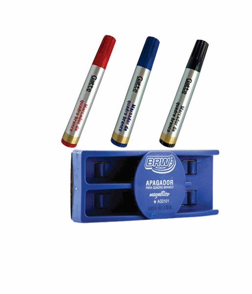 Caneta Para Quadro Branco 3 Pincéis e Apagador
