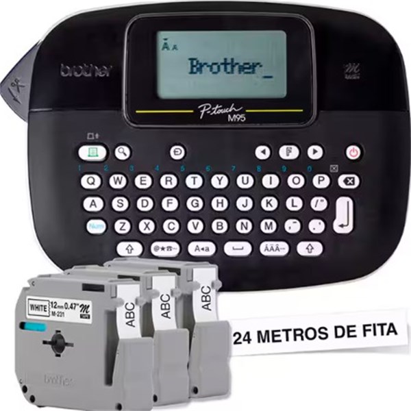 Rotulador eletrônico portátil com 3 fitas, Preto, PTM95BKBP, Brother