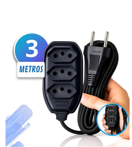 Extensão Elétrica 3 Metros Preto 3 Tomada Tripolar