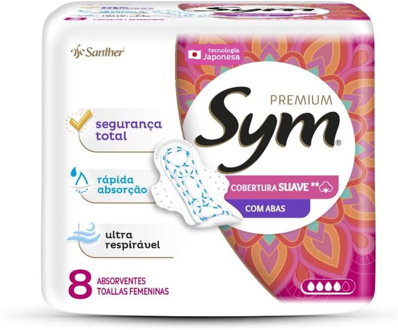 ABSORVENTE SYM PREMIUM SUAVE COM ABAS 8 UNIDADES