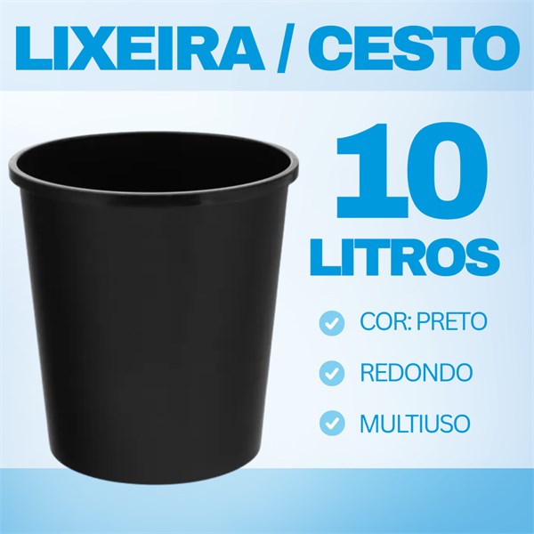 Lixeira Cesto 10L Preto Escritório Redondo Sem Tampa | Arqplast