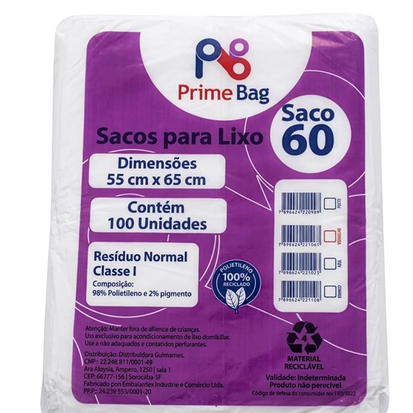 Saco Lixo 55x65 C/ 100un - 60 Litros Branco | Primebag