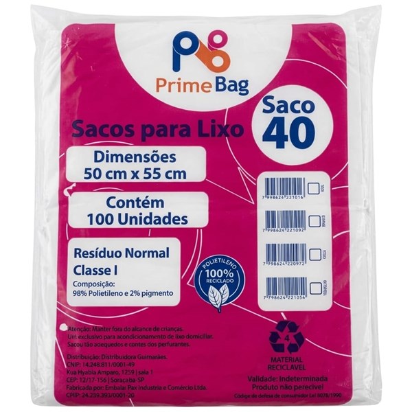 Saco Lixo 50x55 C/ 100un - 40 Litros Branco | Primebag