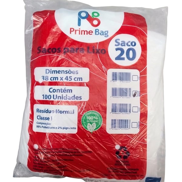 Saco Lixo 38x45 C/ 100un - 20 Litros Branco | Primebag