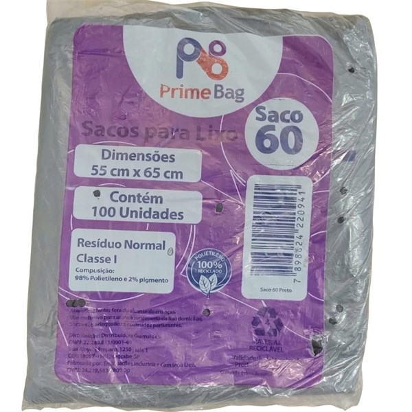 Saco Lixo 55x65 C/ 100un - 60 Litros Preto | Primebag