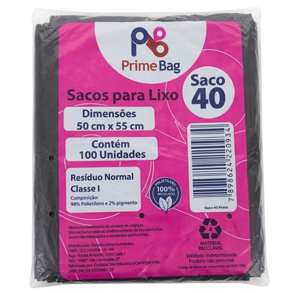 Saco Lixo 50x55 C/ 100un - 40 Litros Preto | Primebag