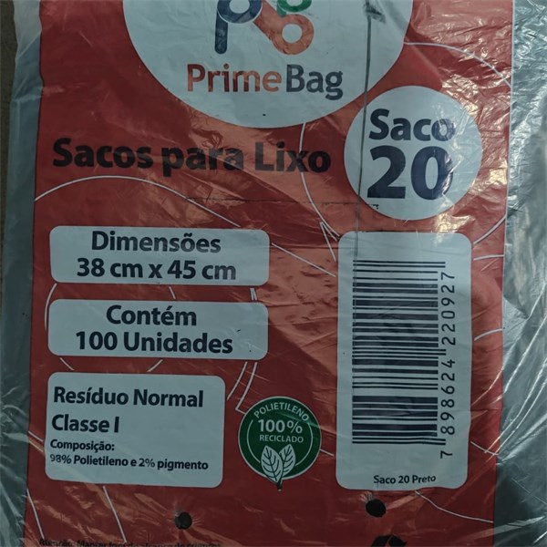 Saco Lixo 38x45 C/ 100un - 20 Litros Preto | Primebag