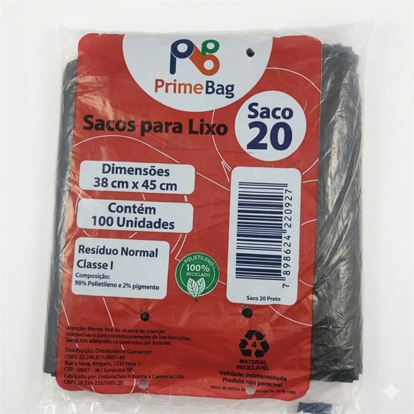 Saco Lixo 38x45 C/ 100un - 20 Litros Preto | Primebag