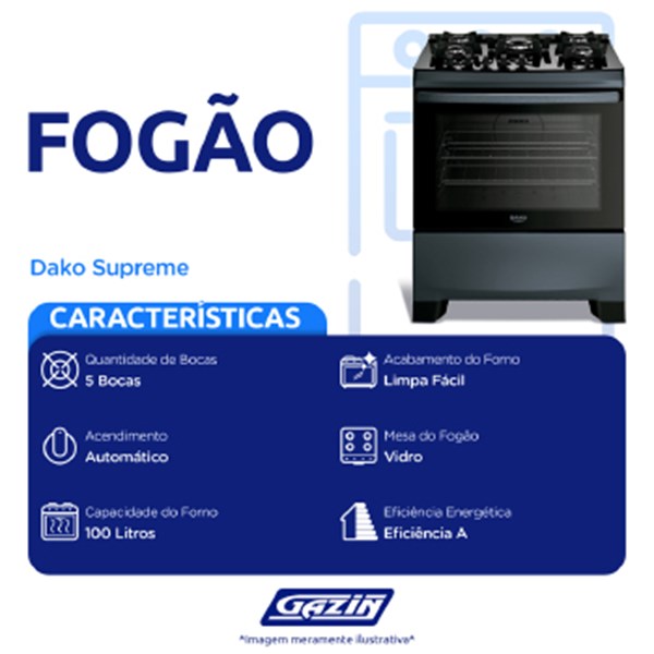 Fogao 5b Dako Supreme Titaniun Mesa De Vidro C/t - 300001821