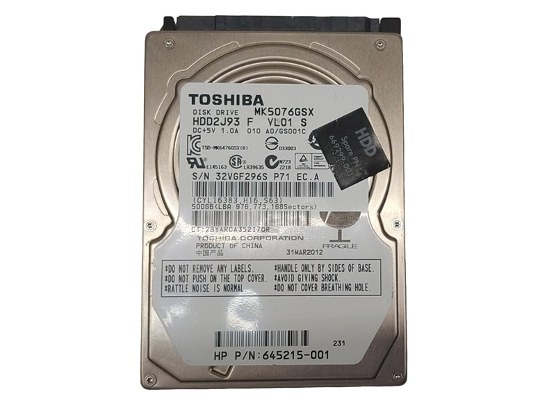 HDD SATA, TOSHIBA, 500GB, 2.5", 5400RPM, MK5076GSX, SEMINOVO
