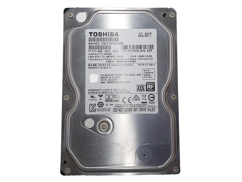 HDD SATA, TOSHIBA, 500GB, 3.5", 7200RPM, DT01ACA050, SEMINOVO