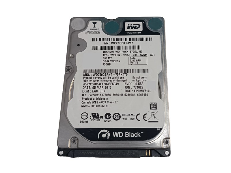HDD SATA, WD BLACK, 750GB, 2.5", 7200RPM, WD7500BPKT, SEMINOVO