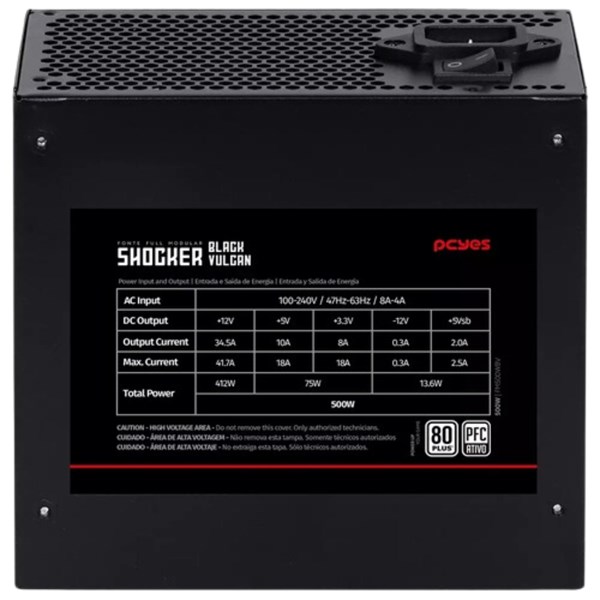 FONTE DE ALIMENTAÇÃO 600W, 80 PLUS, PCYES, FULL- MODULAR, SHOCKER BLACK VULCAN, FM600WBV