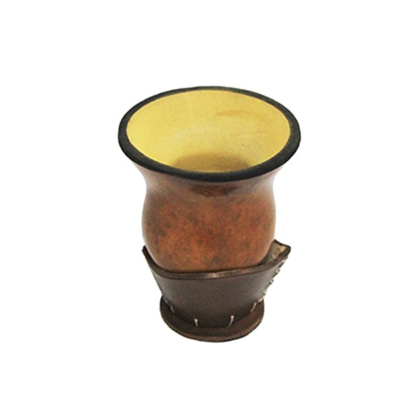 Cuia Chimarrão Porongo Bago de Touro Liso Bocal Queimado Suporte Couro
