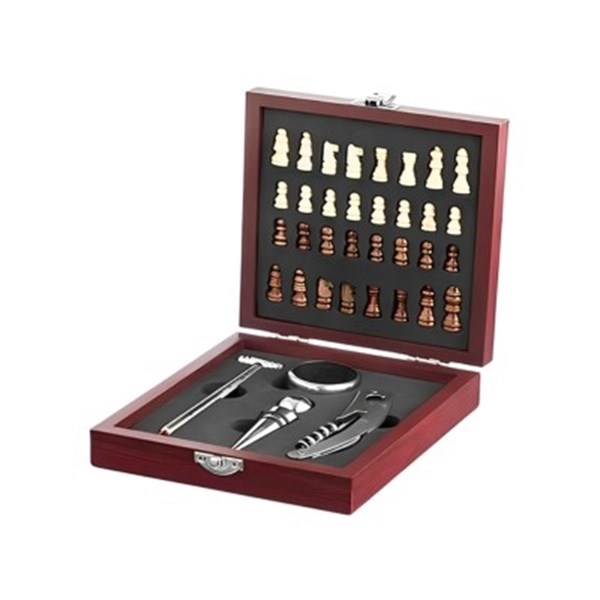 Saca Rolhas Inox 4 Peças Tabuleiro Xadrez Estojo Madeira