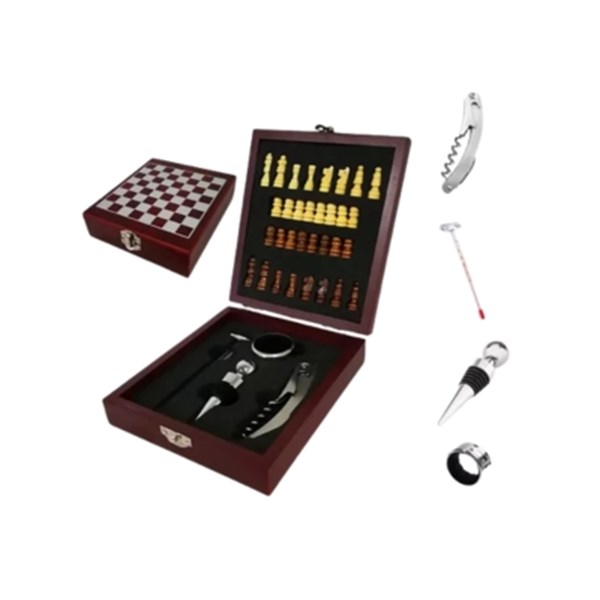 Saca Rolhas Inox 4 Peças Tabuleiro Xadrez Estojo Madeira