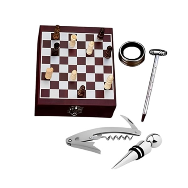 Saca Rolhas Inox 4 Peças Tabuleiro Xadrez Estojo Madeira