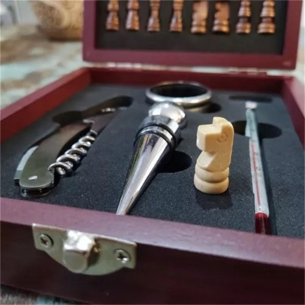 Saca Rolhas Inox 4 Peças Tabuleiro Xadrez Estojo Madeira