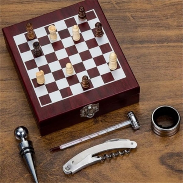 Saca Rolhas Inox 4 Peças Tabuleiro Xadrez Estojo Madeira