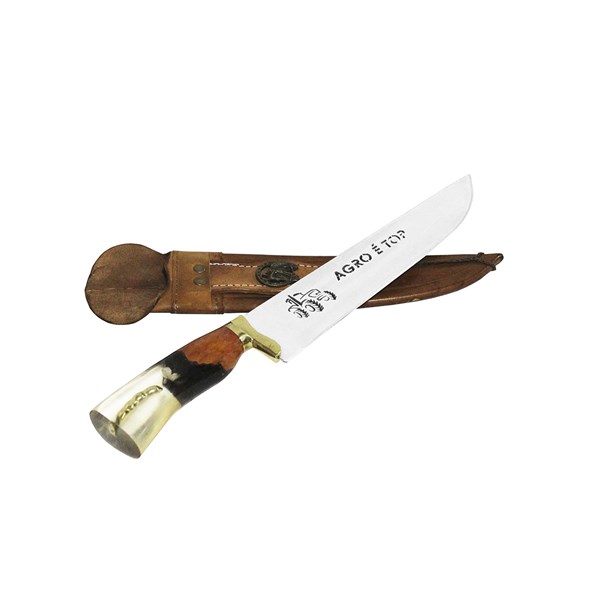 Faca 09 Inox 420 Protetor Bronze Cabo Madeira Resina Ponta Larga Agro É Top