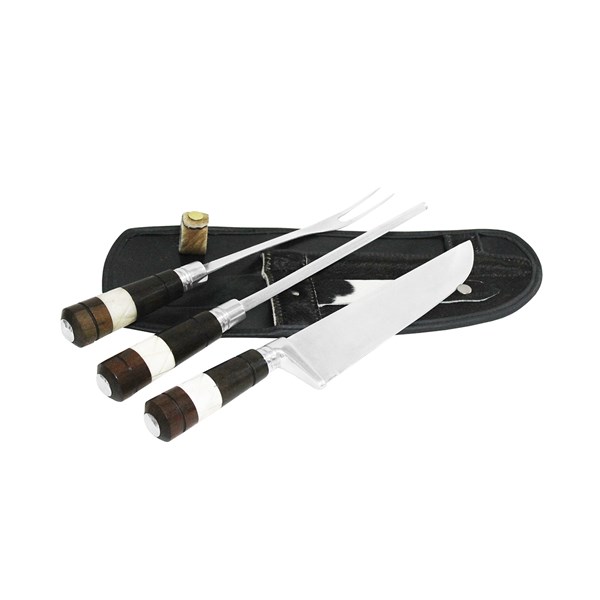 Faca Chaira Garfo 10 Inox 420 Cabo Osso Madeira