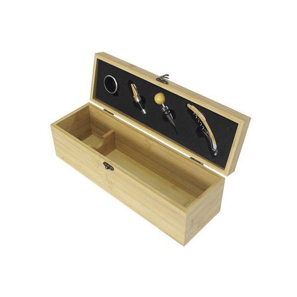 Saca Rolhas Inox 4 Peças Estojo Porta Vinho Caixa Bambu