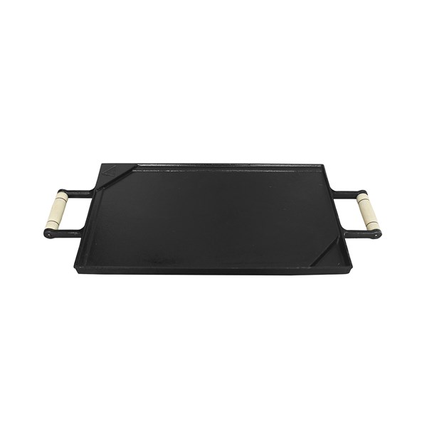 Chapa Bifeteira Ferro Fundido Alças Madeira 48X26cm Dupla Face