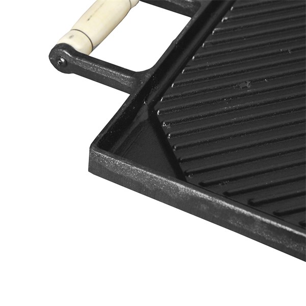 Chapa Bifeteira Ferro Fundido Alças Madeira 48X26cm Dupla Face