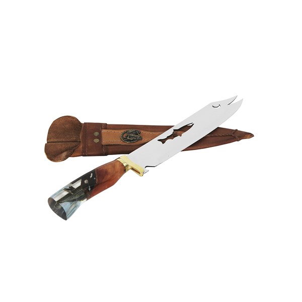 Faca 09 Inox 420 Protetor Bronze Cabo Madeira Resina Ponta Garfo Peixe