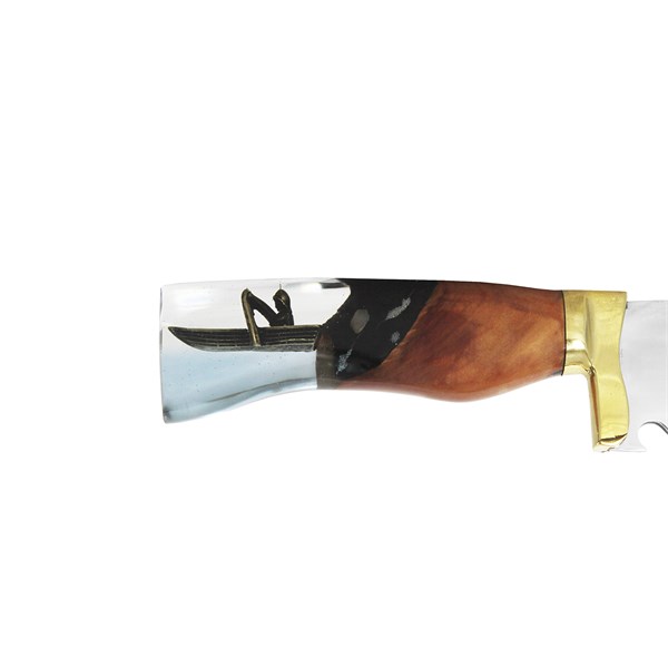 Faca 09 Inox 420 Protetor Bronze Cabo Madeira Resina Ponta Garfo Peixe