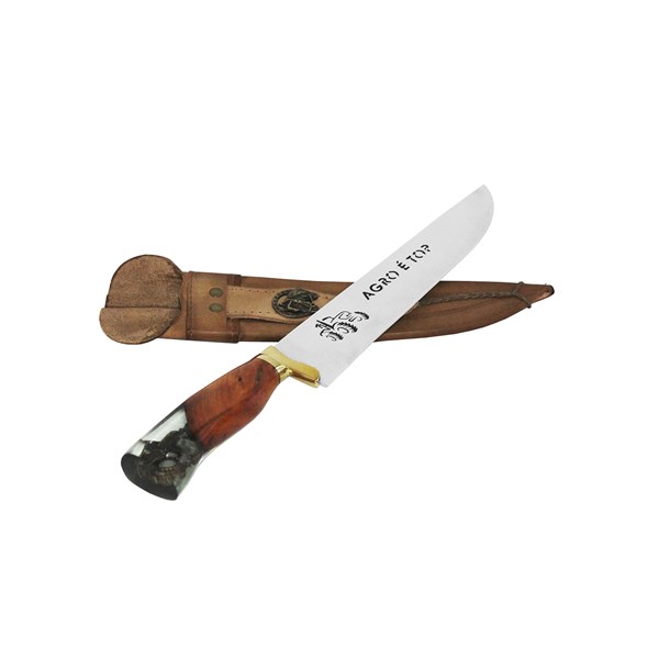 Faca 09 Inox 420 Protetor Bronze Cabo Madeira Resina Ponta Larga Agro É Top