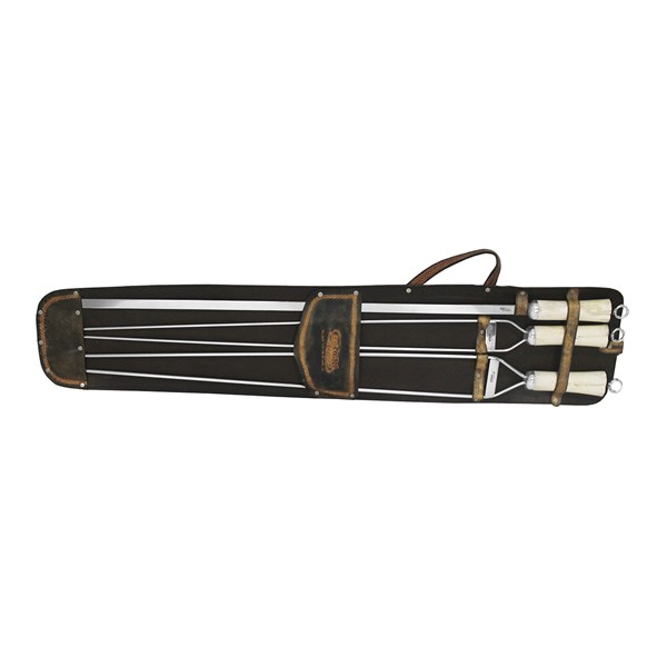 Conjunto 3 Espetos Inox 80 Cabo Osso Suporte Couro (D)