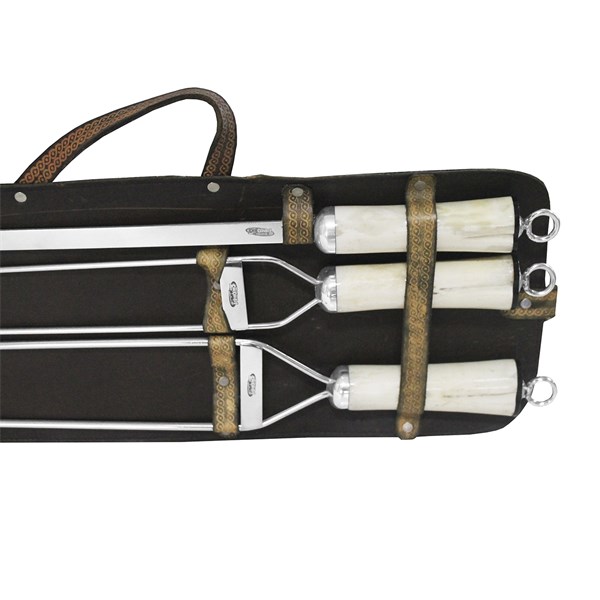 Conjunto 3 Espetos Inox 80 Cabo Osso Suporte Couro (D)