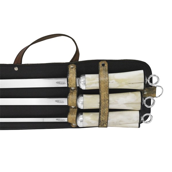 Conjunto 3 Espetos Inox 80 Cabo Osso Suporte Couro (S)