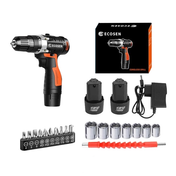 Parafusadeira/furadeira de impacto a bateria, 12 V, fonte bivolt automática, Ecosen