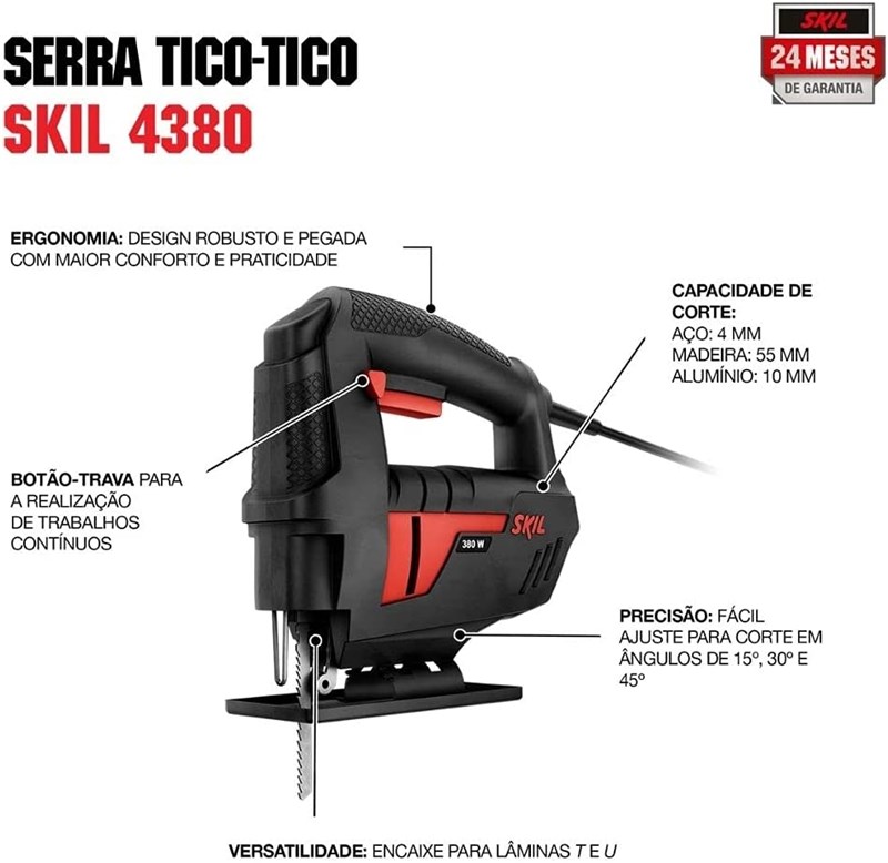 Serra Tico-tico 380w P/ Lâminas Em T Ou U, Cortes De 0 A 45 Graus E Trava De Gatilho Skil 4380 220v	