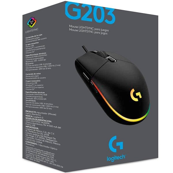 MOUSE GAMER G G203 RGB LIGHTSYNC 6 BOTÕES 8000DPI PRETO