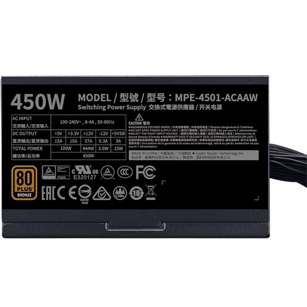 FONTE COOLER MASTER MWE 450 BRONZE - V2, 450W, 80 PLUS BRONZE, FULL RANGE, PFC ATIVO