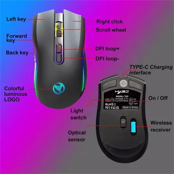 MOUSE SEM FIO HXSJ T69 2.4G CONEXÃO USB E BLUETOOTH RGB