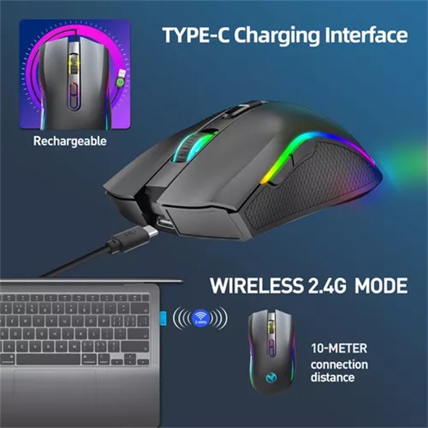 MOUSE SEM FIO HXSJ T69 2.4G CONEXÃO USB E BLUETOOTH RGB