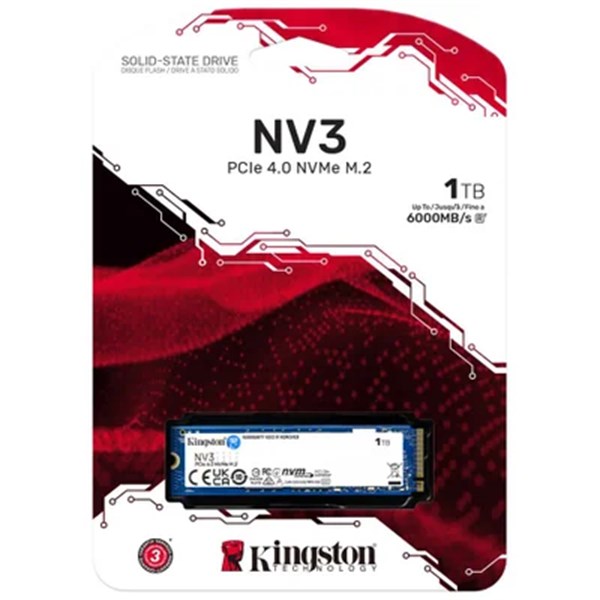 NVME M.2 - 1000 TB KINGSTON NV3, M.2 2280 NVME 4.0 GEN 4X4, LEITURA: 6000 E GRAVAÇÃO/4000MBPS, ULTRA RÁPIDO