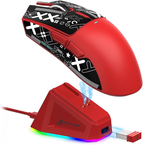 MOUSE SEM FIO ATTACK SHARK X11 DOCK PAW 3311 TRI MODE 22000 DPI - VERMELHO