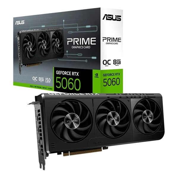 PLACA DE VÍDEO ASUS PRIME RTX 5060 O8G NVIDIA GEFORCE, 8GB GDDR7, 2595MHZ, 128 BITS, DLSS 4, TRIPLE FAN, RAY TRACING