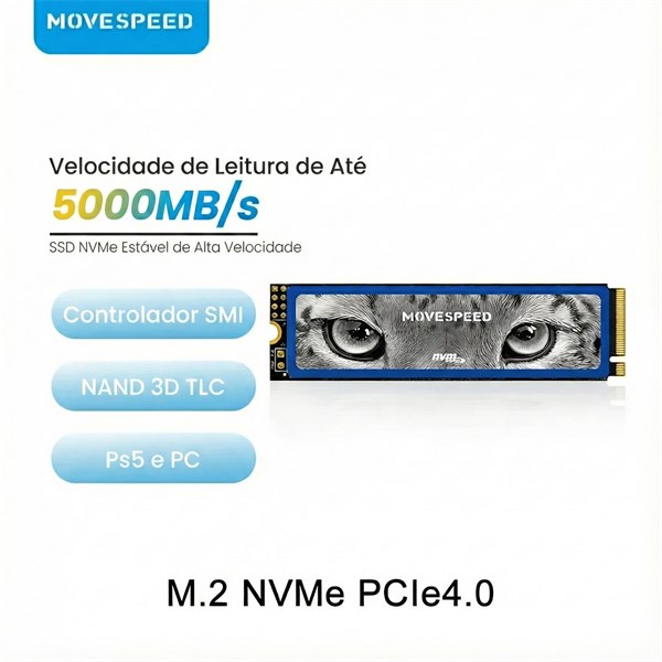 NVME M.2 - 1000GB MOVESPEED 1T 5000MB PCIE 4.0X4 COMPATÍVEL COM PS5, PC, LAPTOP