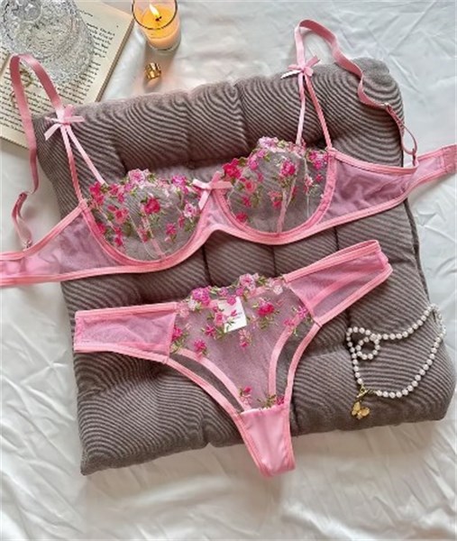 CONJ MEIA TAÇA - BORDADO FLORAL - ROSA