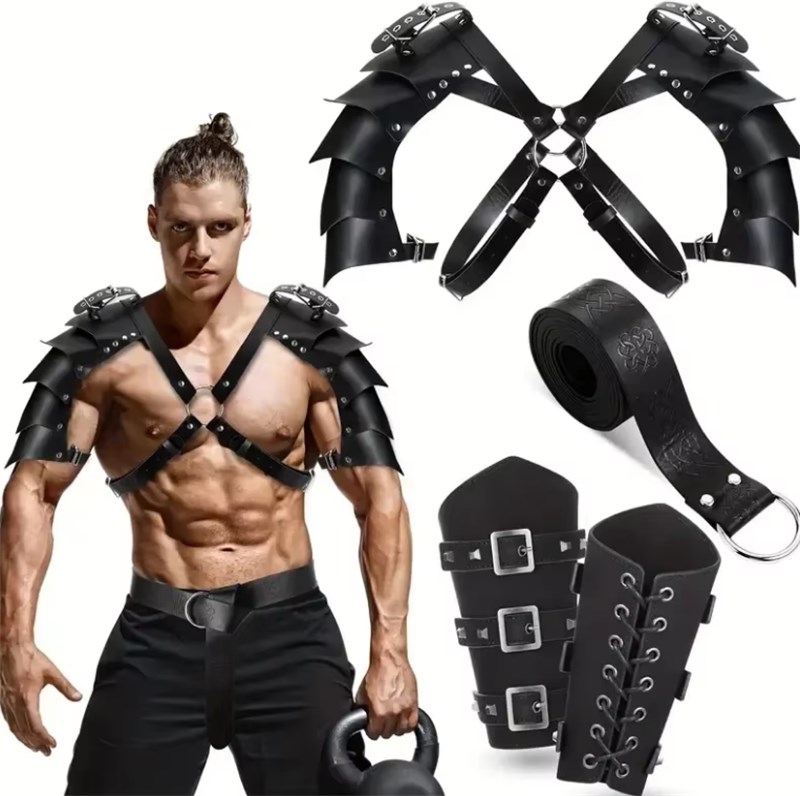 HARNESS MASCULINO - OMBRO MEDIEVAL + BRACELETES + CINTO - PRETO
