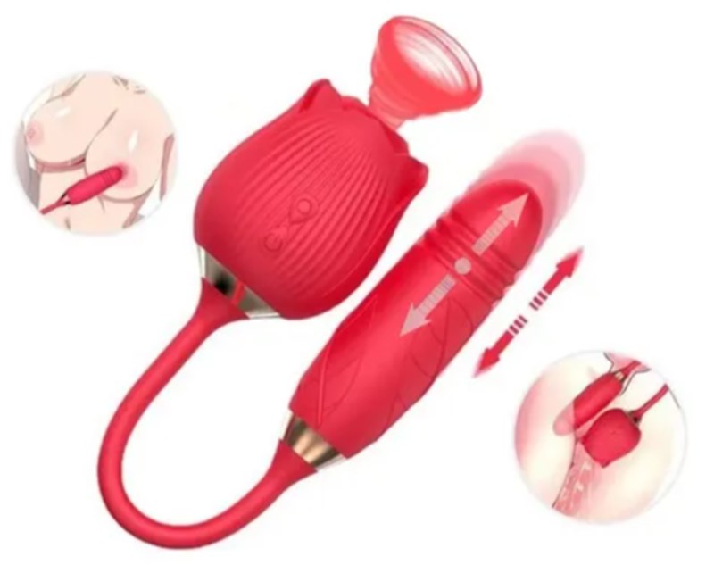 VIBRADOR - RECARREGAVEL - FLOWER SUGADOR - VIBRO E VAI E VEM - VERMELHO